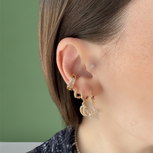 Star Moon Hoop Earrings Trio Earrings 18k Gold Plated Luxury Jewelry - Picture 2 of 9